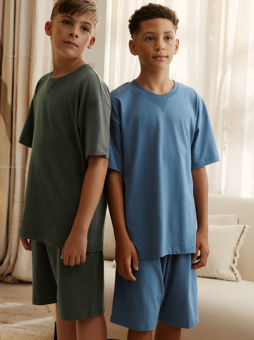 Navy/Grey Plain 100% Cotton Short Pyjamas 2 Pack (5-16yrs)