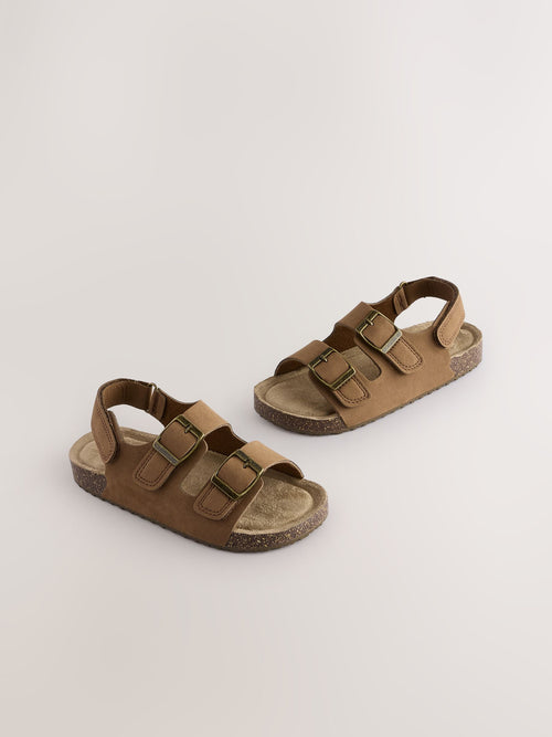 Tan Brown Wide Fit (G) Double Buckle Cushioned Footbed Sandals