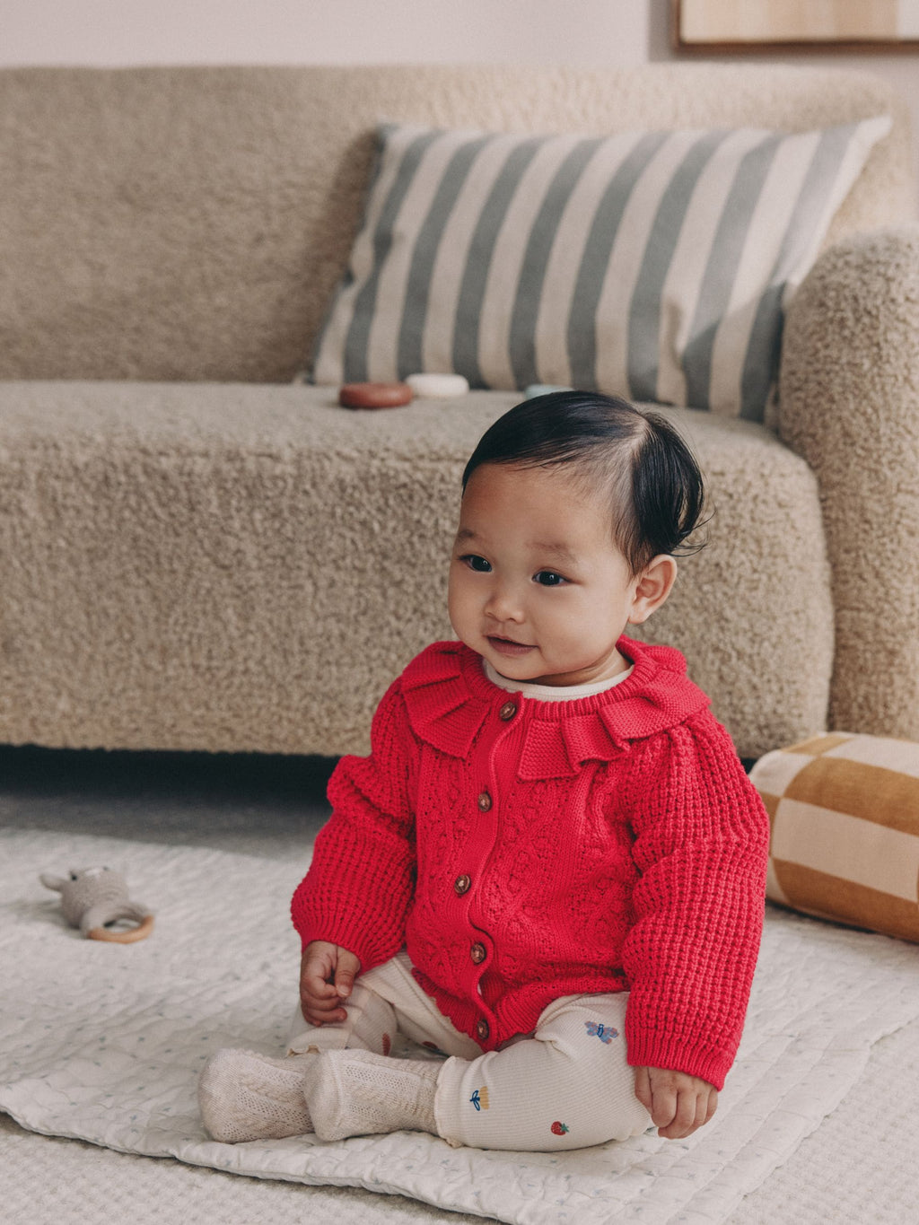 Red Frill Collar Knitted Baby Cardigan (0mths-2yrs)