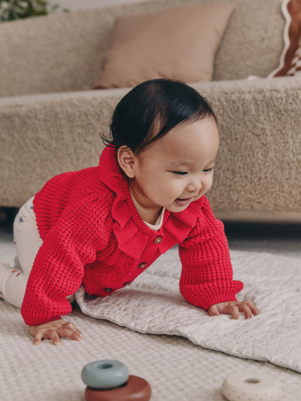 Red Frill Collar Knitted Baby Cardigan (0mths-2yrs)