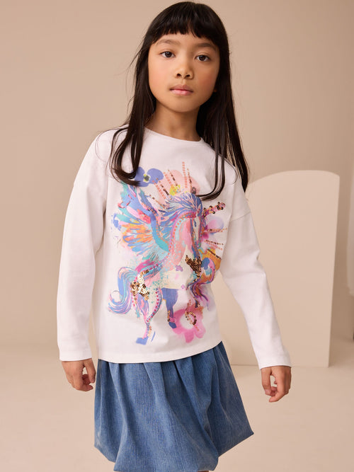 White Unicorn Print Long Sleeve Sequin Top (3-16yrs)