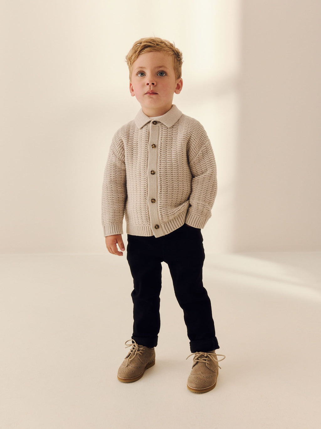 Neutral Textured Button Through Knitted Polo Shirt (3mths-7yrs)