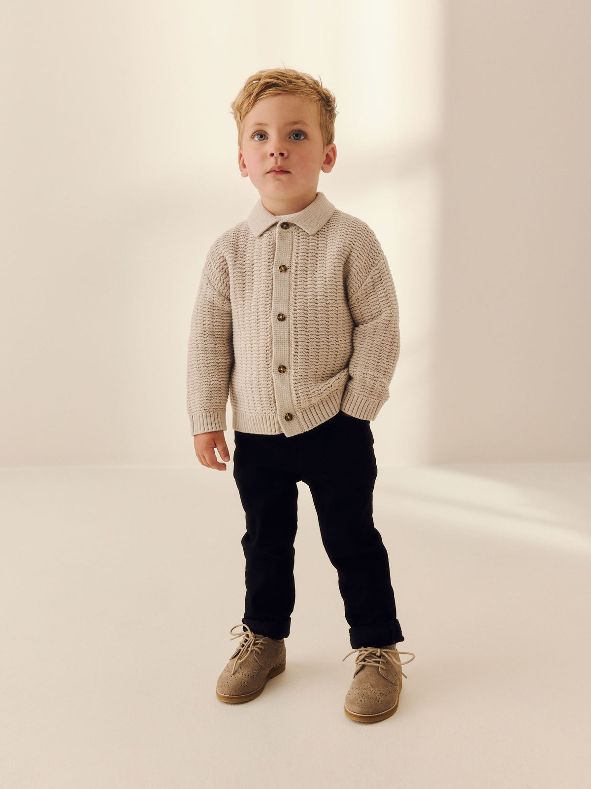 Neutral Textured Button Through Knitted Polo Shirt (3mths-7yrs)