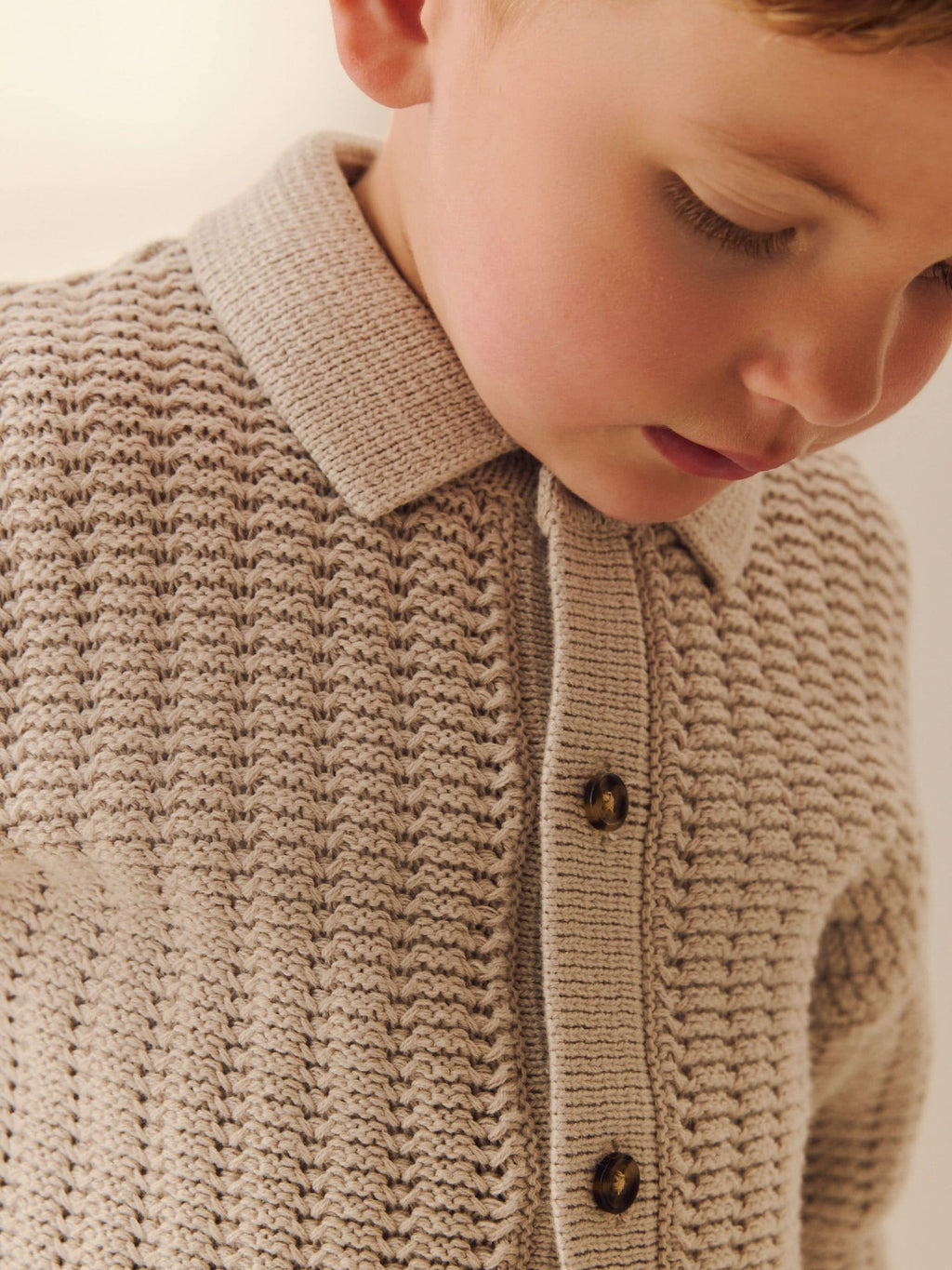 Neutral Textured Button Through Knitted Polo Shirt (3mths-7yrs)