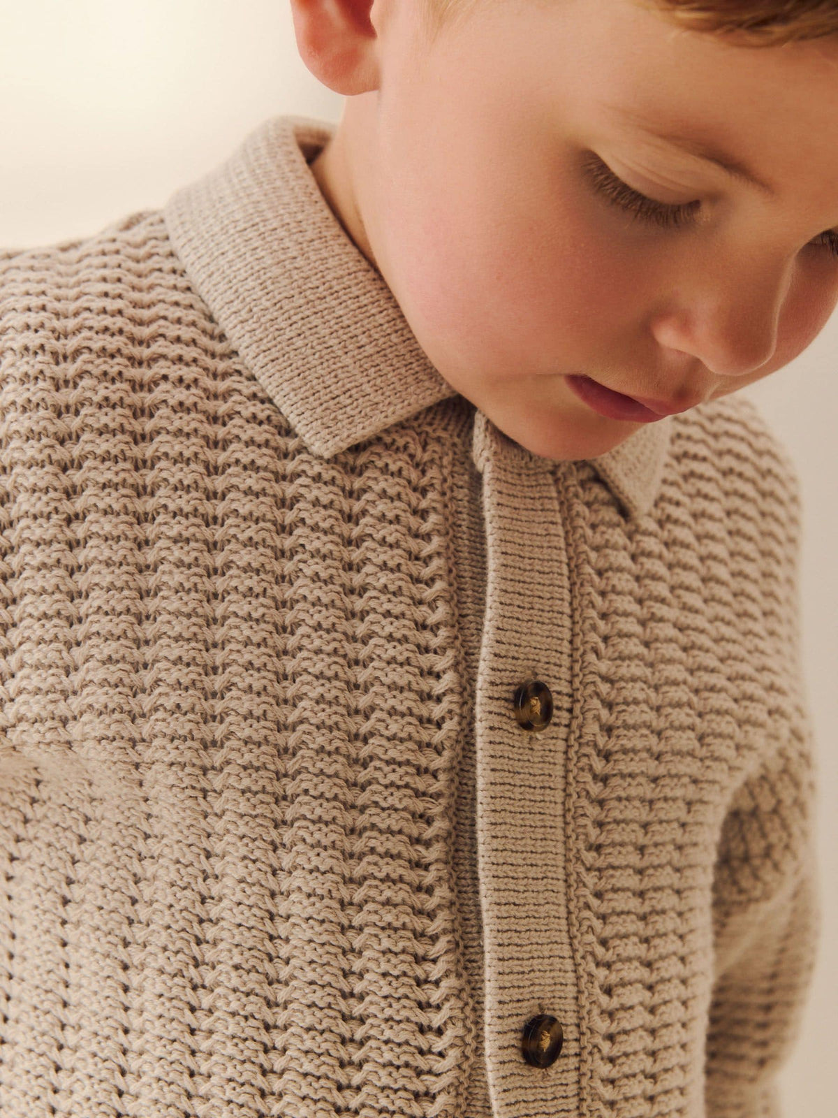 Neutral Textured Button Through Knitted Polo Shirt (3mths-7yrs)