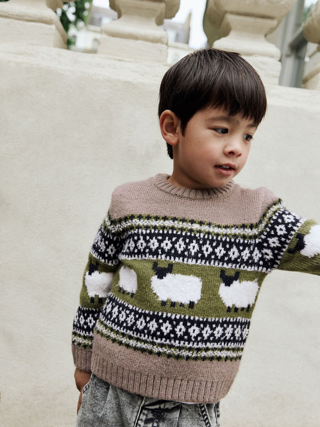 Brown Sheep Fairisle Pattern Knitted Crew Neck Jumper (3mths-7yrs)