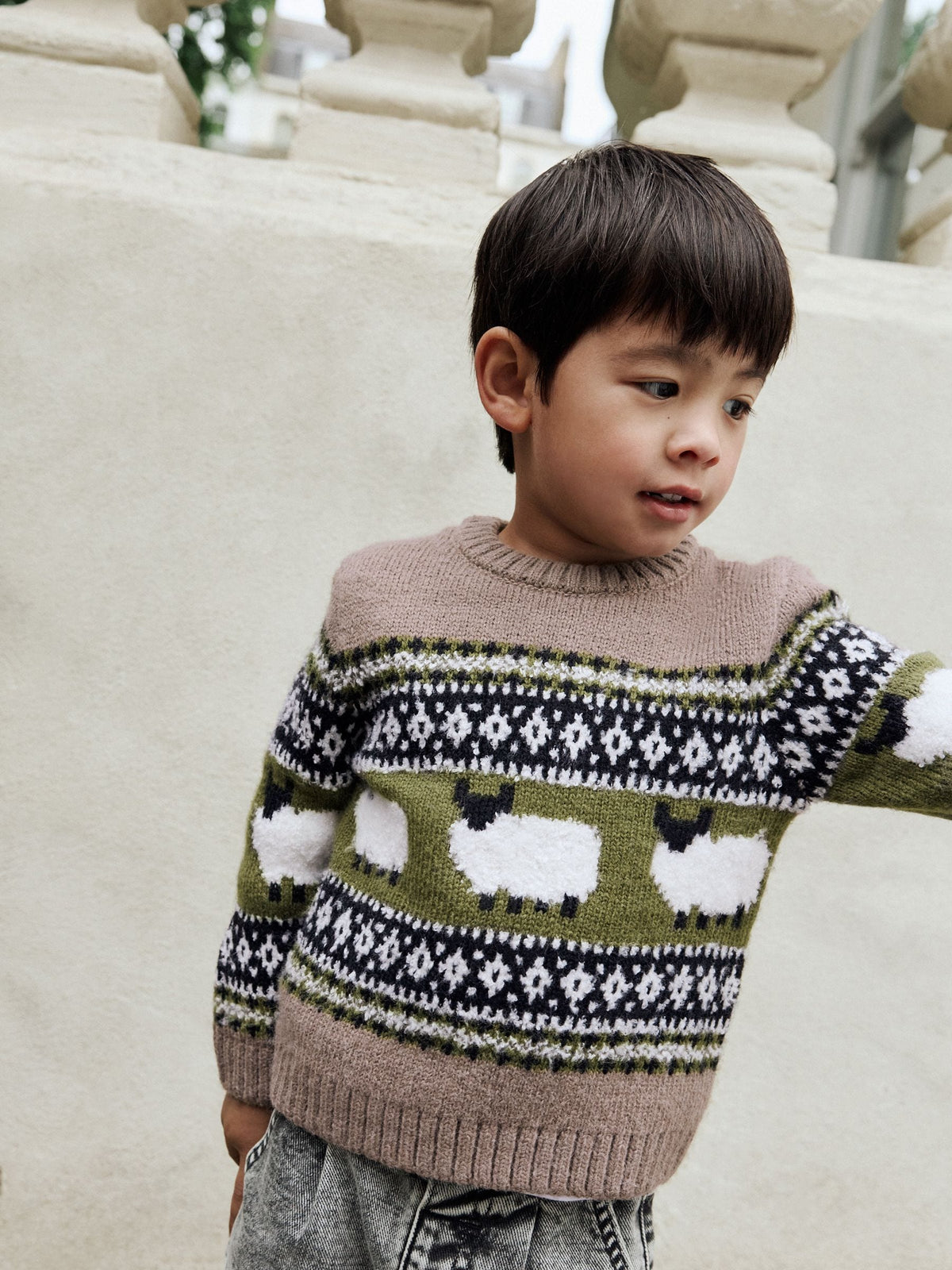 Brown Sheep Fairisle Pattern Knitted Crew Neck Jumper (3mths-7yrs)