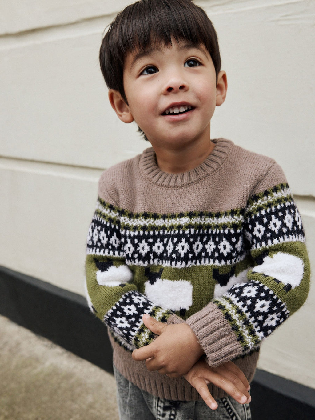 Brown Sheep Fairisle Pattern Knitted Crew Neck Jumper (3mths-7yrs)