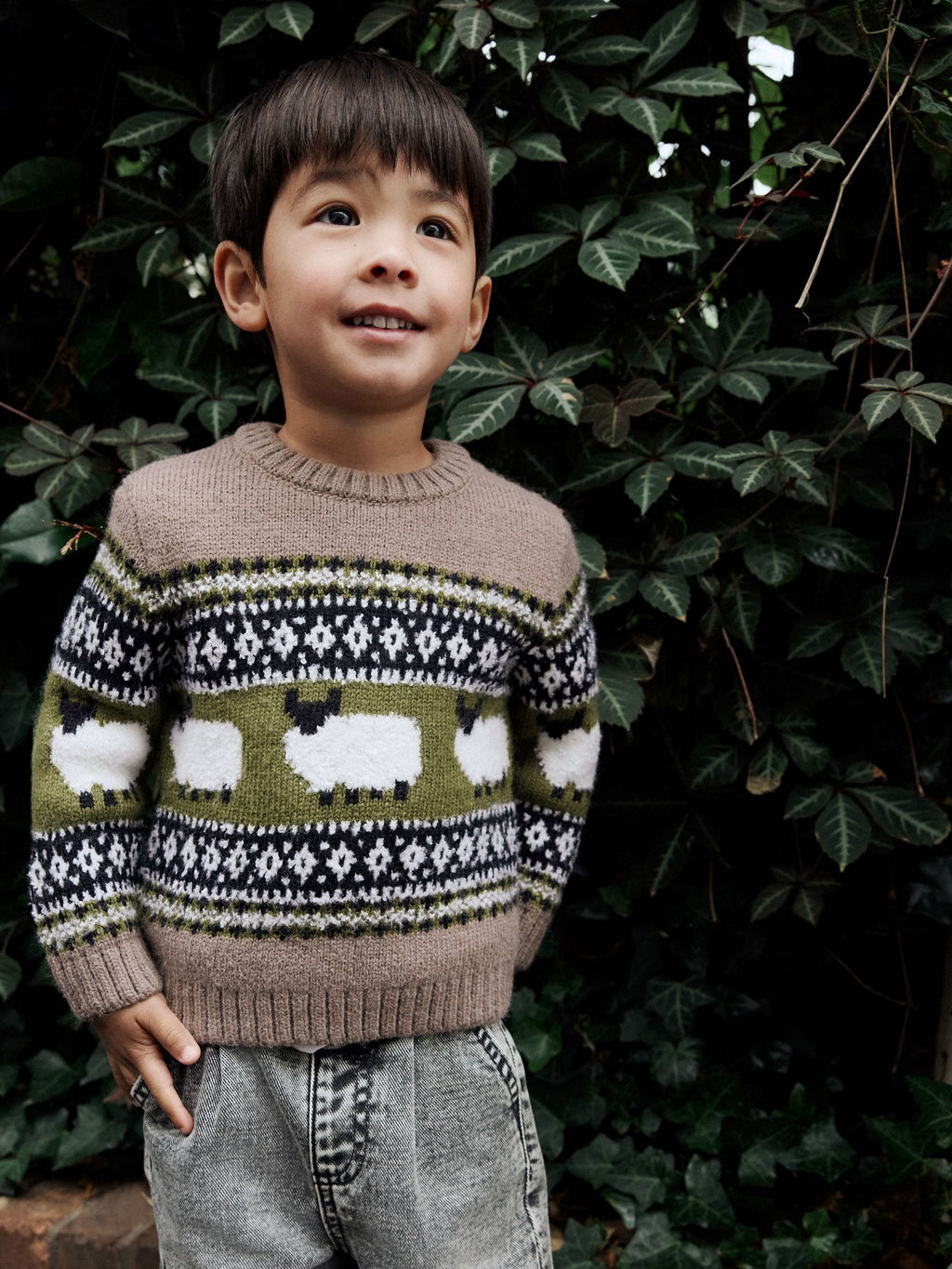 Brown Sheep Fairisle Pattern Knitted Crew Neck Jumper (3mths-7yrs)
