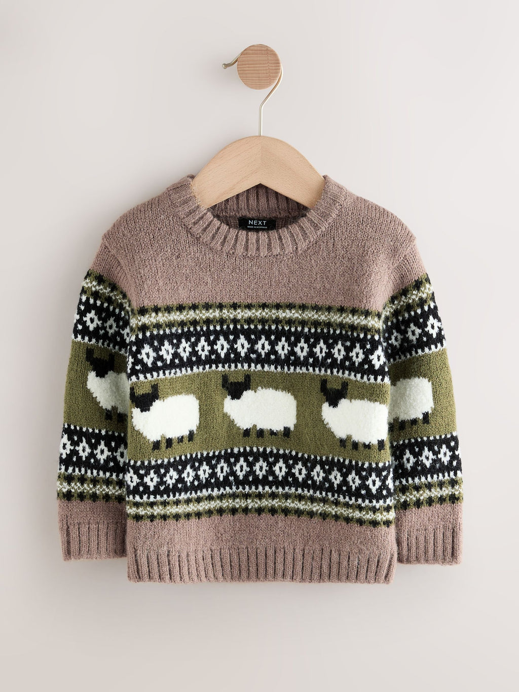 Brown Sheep Fairisle Pattern Knitted Crew Neck Jumper (3mths-7yrs)