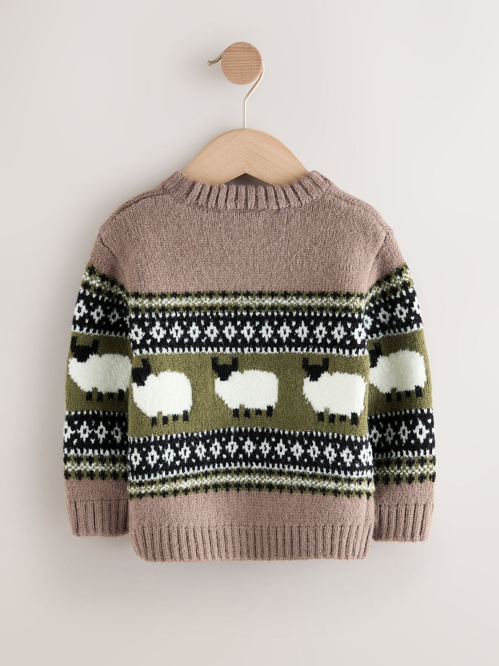 Brown Sheep Fairisle Pattern Knitted Crew Neck Jumper (3mths-7yrs)