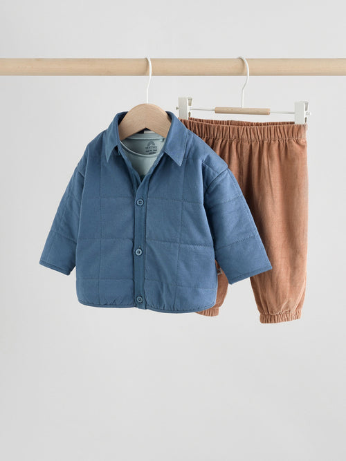 Blue Dinosaur Print Baby Shacket Top and Trousers 3 Piece Set (0mths-2yrs)