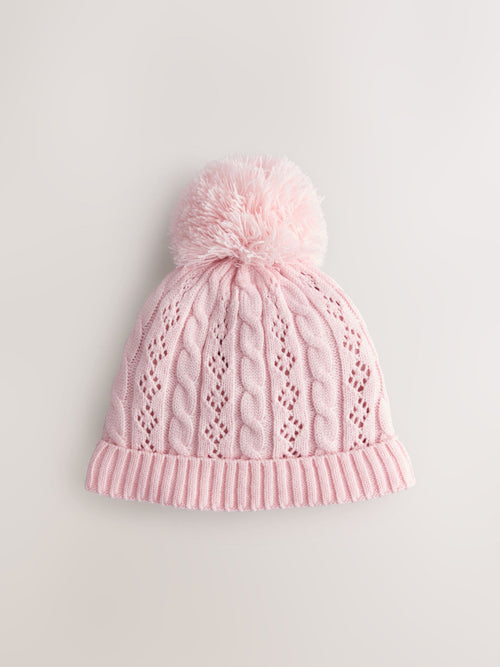 Pink Pointelle Cable Knitted Pom Hat