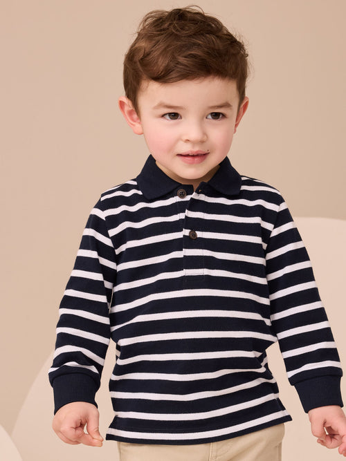 Navy/White Striped Long Sleeve Polo Shirt (3mths-7yrs)