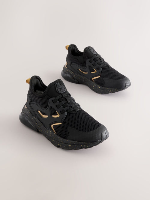Black/Gold Wide Fit (G) Elastic Lace Trainers