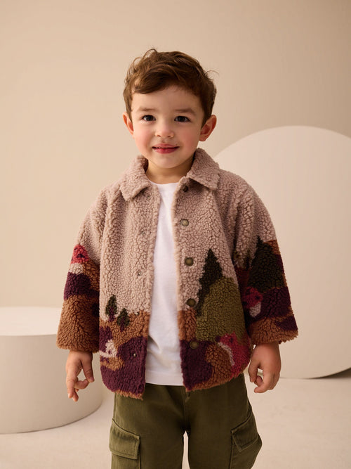 Neutral Scenic Print Borg Fleece Shacket (3mths-7yrs)