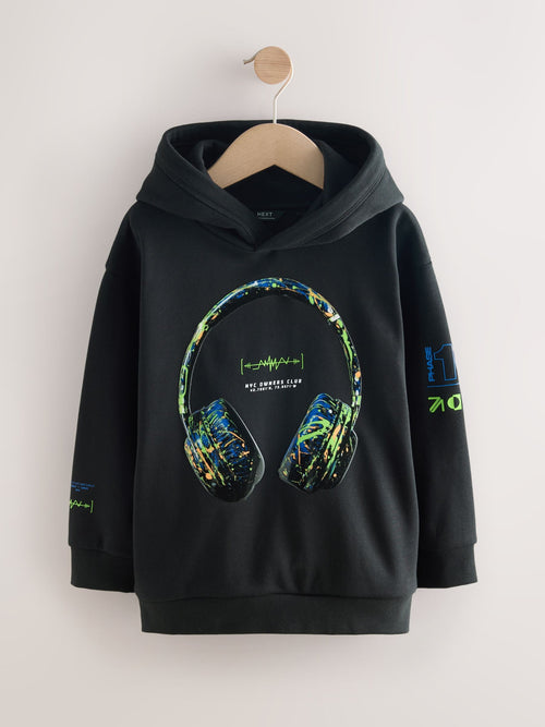Black Headphones Older Graphic Print Hoodie (3-16yrs)
