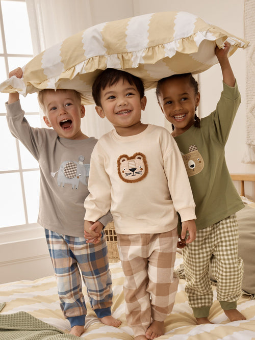 Olive Green/Stone/Ecru Animal Check Woven Bottom Pyjamas 3 Pack (9mths-12yrs)