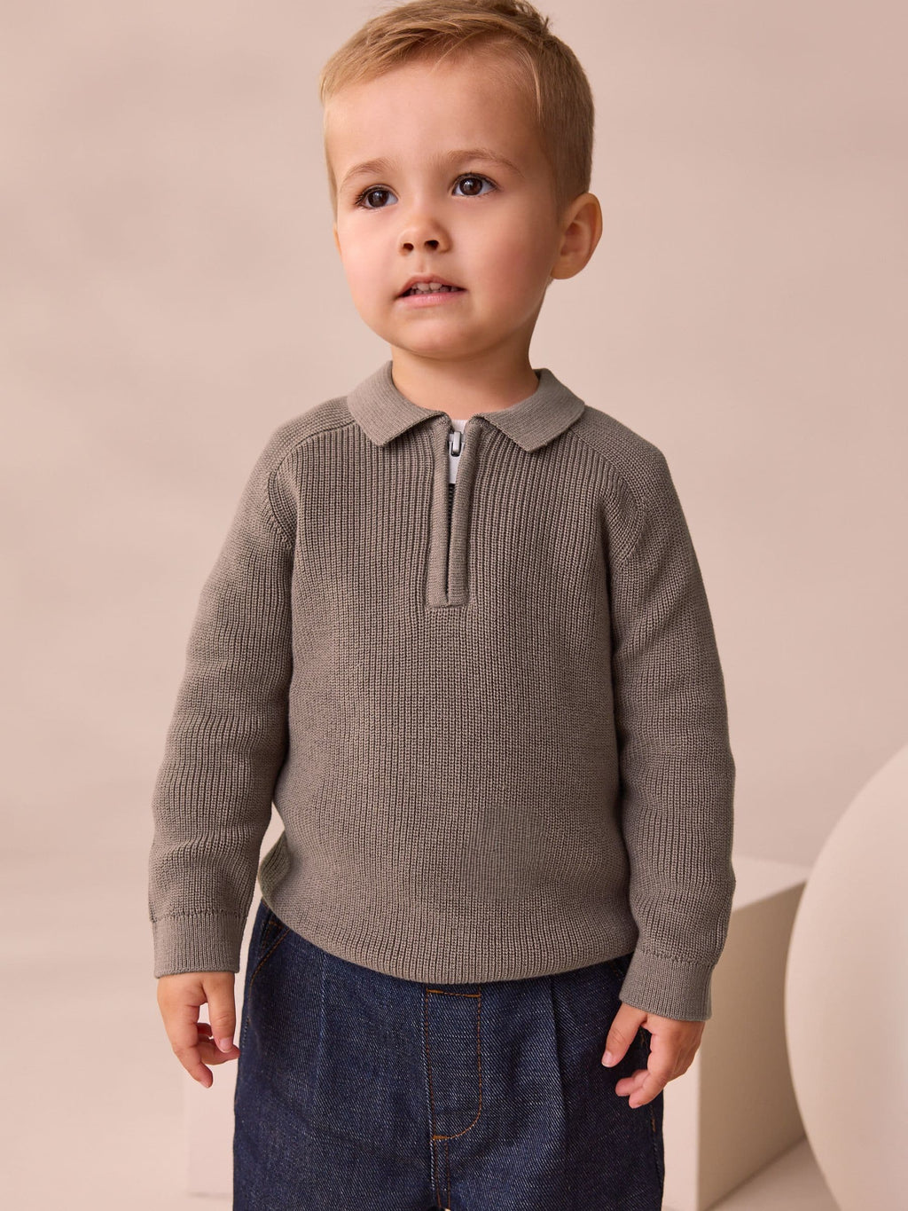 Mink Brown Long Sleeve Quarter Zip Knitted Polo Shirt (3mths-7yrs)