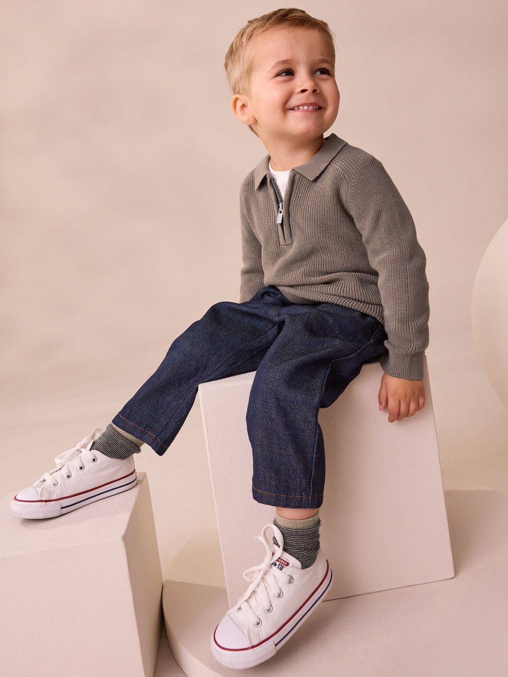 Mink Brown Long Sleeve Quarter Zip Knitted Polo Shirt (3mths-7yrs)