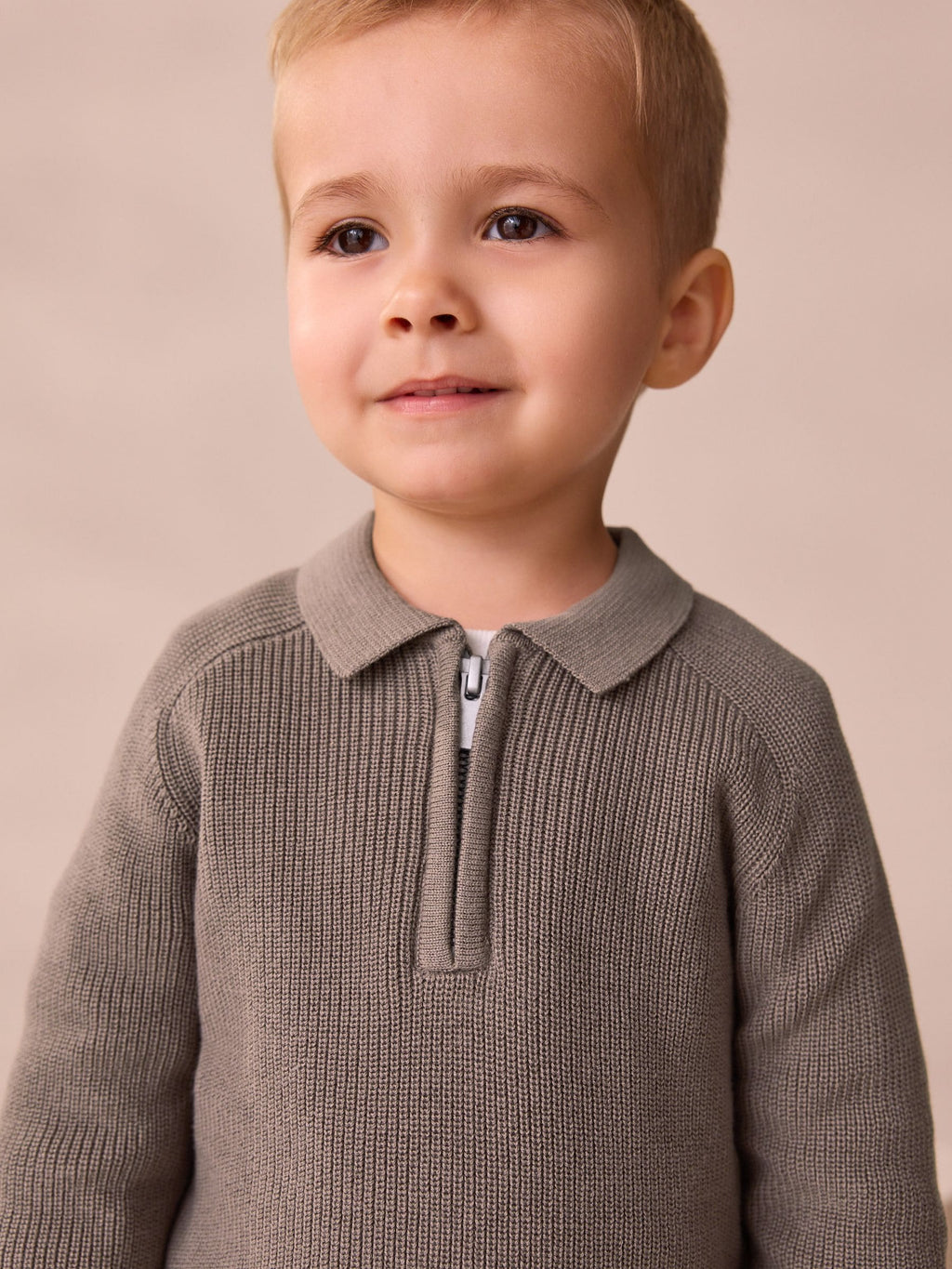 Mink Brown Long Sleeve Quarter Zip Knitted Polo Shirt (3mths-7yrs)