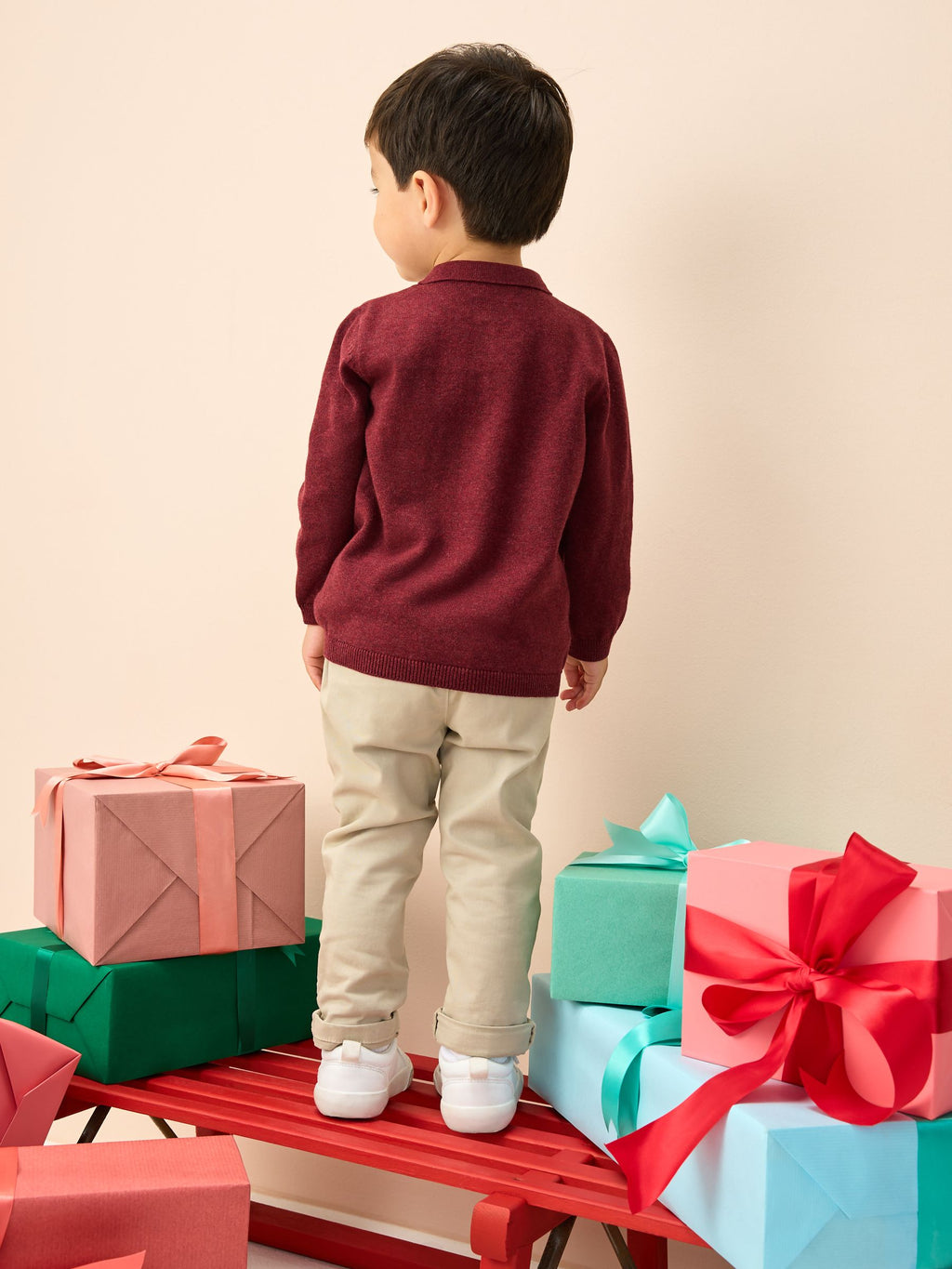 Plum Purple All Over Embroidered Knitted Christmas Polo Shirt (3mths-7yrs)