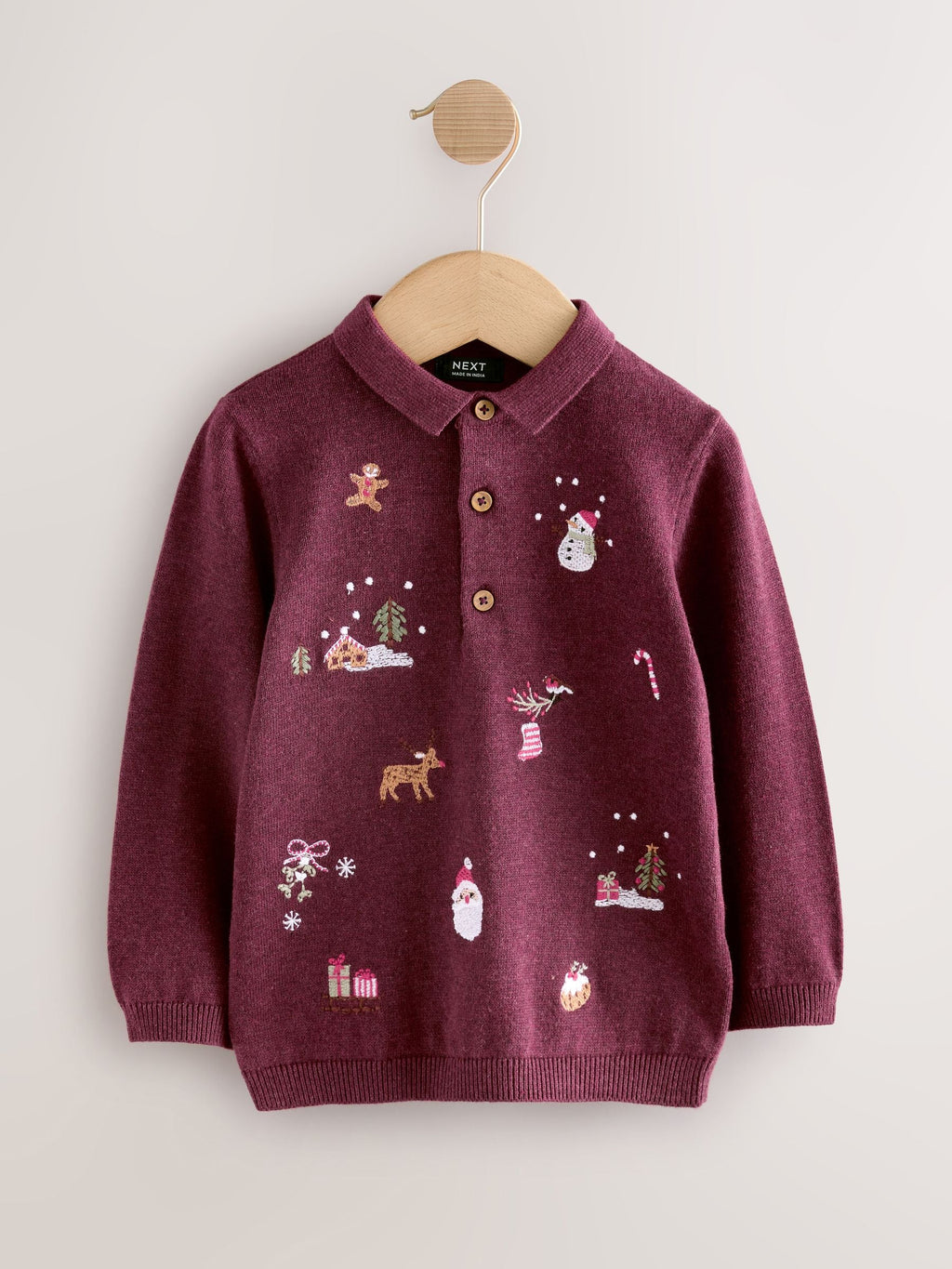 Plum Purple All Over Embroidered Knitted Christmas Polo Shirt (3mths-7yrs)