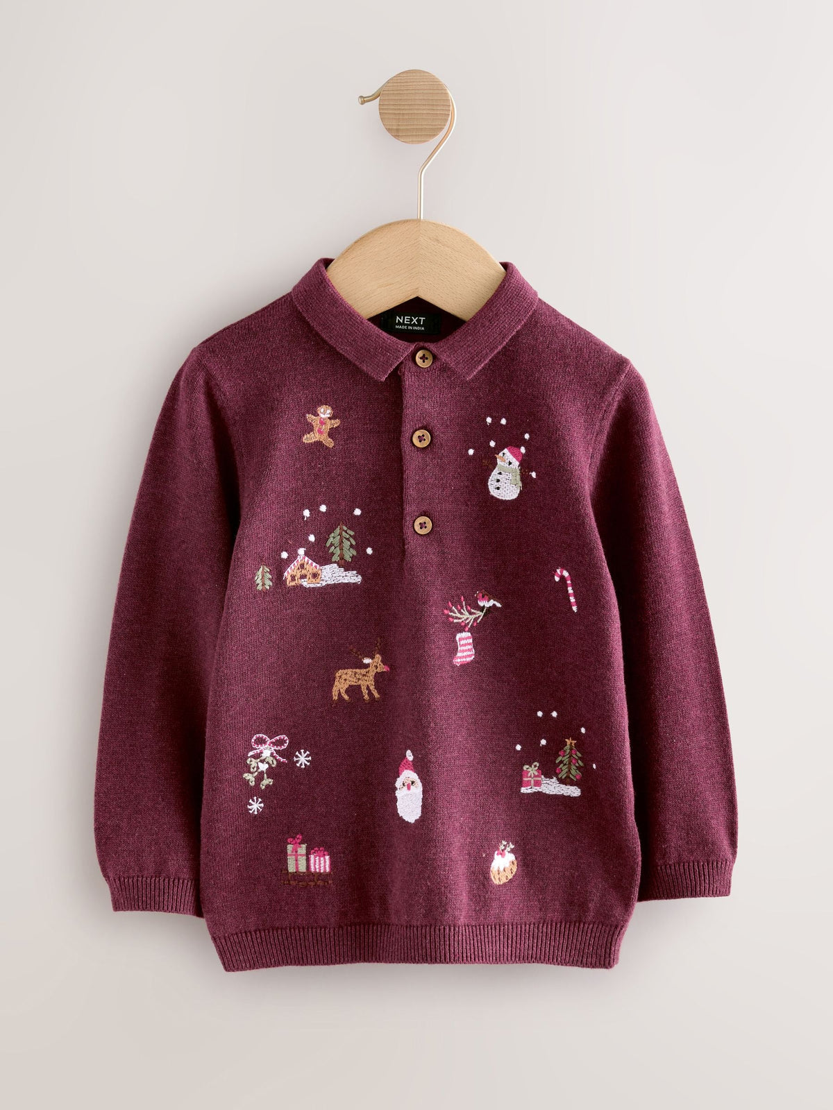 Plum Purple All Over Embroidered Knitted Christmas Polo Shirt (3mths-7yrs)