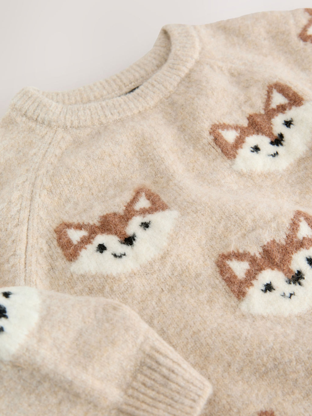 Neutral Fox Print Knitted Crew Neck Jumper (3mths-7yrs)