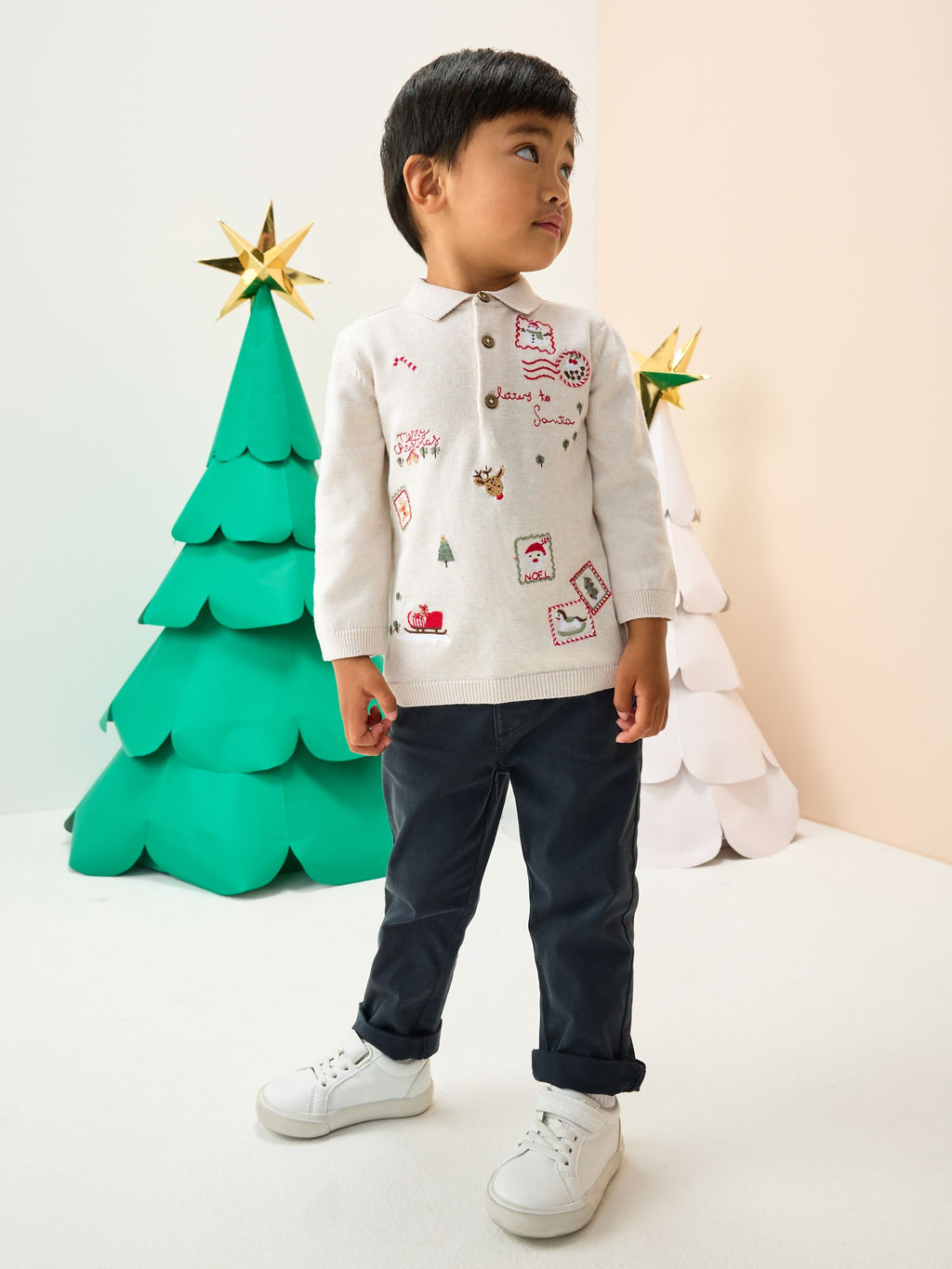 Cream All Over Embroidered Knitted Christmas Polo Shirt (3mths-7yrs)
