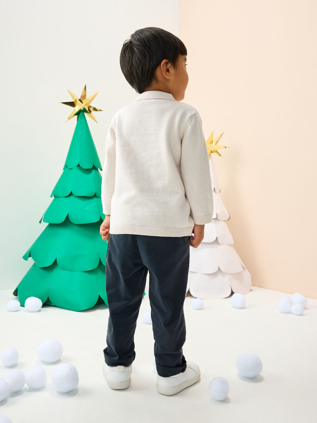Cream All Over Embroidered Knitted Christmas Polo Shirt (3mths-7yrs)