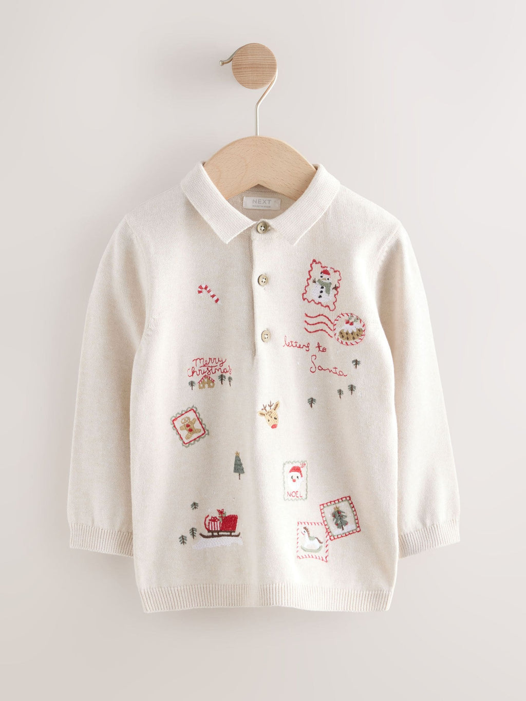 Cream All Over Embroidered Knitted Christmas Polo Shirt (3mths-7yrs)