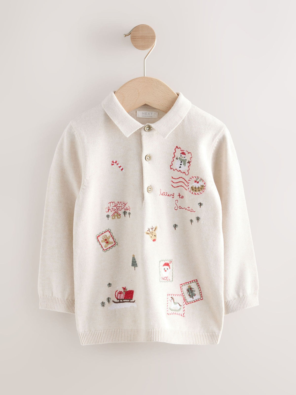 Cream All Over Embroidered Knitted Christmas Polo Shirt (3mths-7yrs)