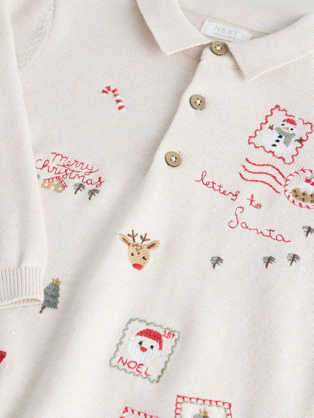 Cream All Over Embroidered Knitted Christmas Polo Shirt (3mths-7yrs)