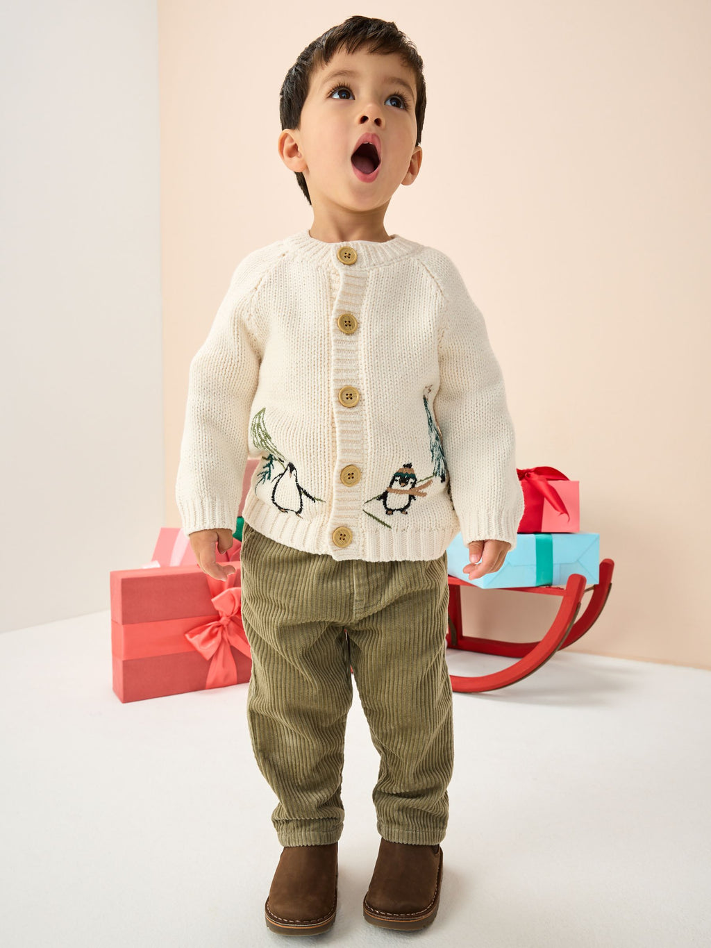 Cream Penguin Pattern Christmas Cardigan (3mths-7yrs)
