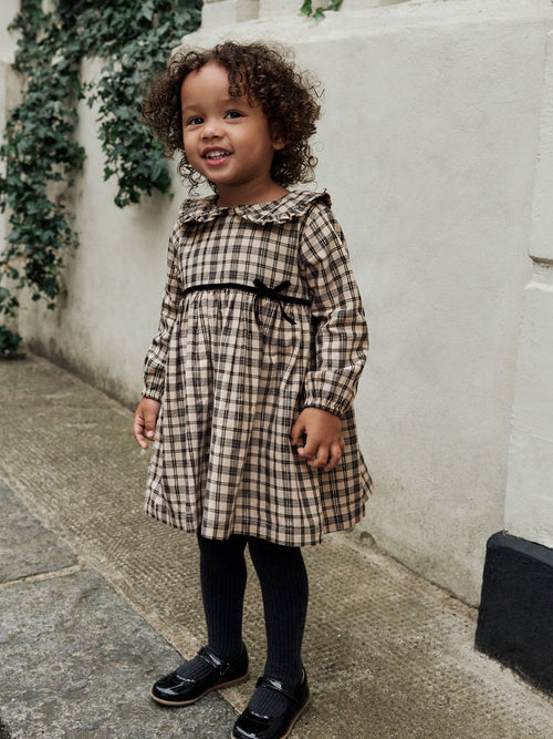 Neutral Check Long Sleeve Collar Dress (3mths-6yrs)