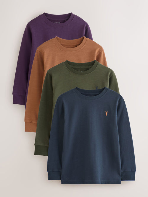 Khaki/Tan/Purple/Navy Stag Logo Long Sleeve Cosy T-Shirts 4 Pack (3-16yrs)