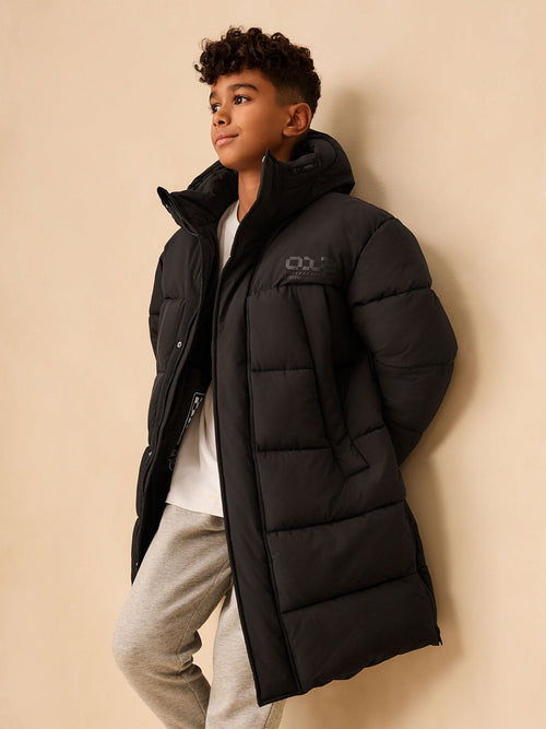 Black Longline Shower Resistant Padded Coat (3-17yrs)