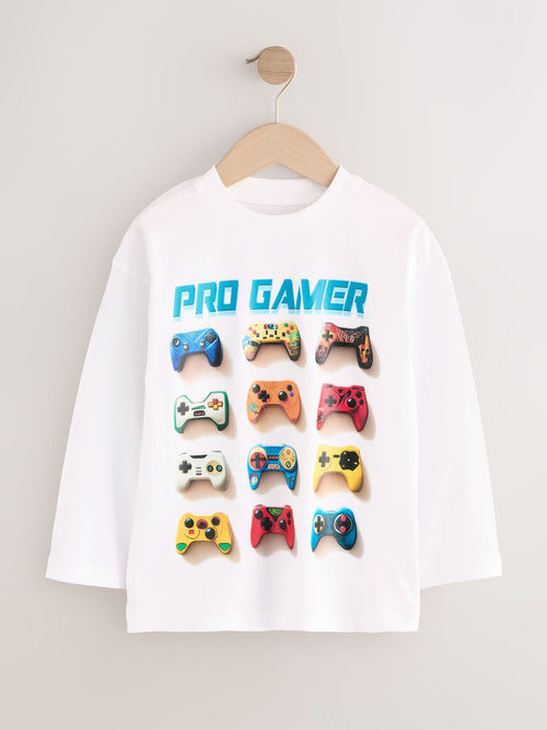 White Gamer Relaxed Fit Graphic Long Sleeve Cotton T-Shirt (3-16yrs)