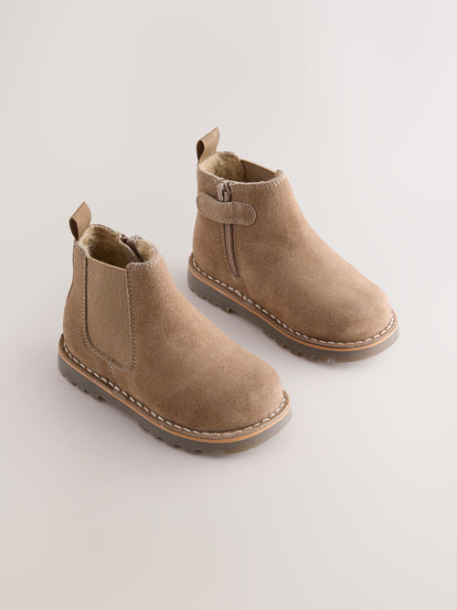 Neutral Brown Warm Lined Leather Chelsea Boots