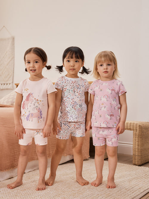 Pink/Cream Unicorn Short Pyjamas 3 Pack (9mths-10yrs)