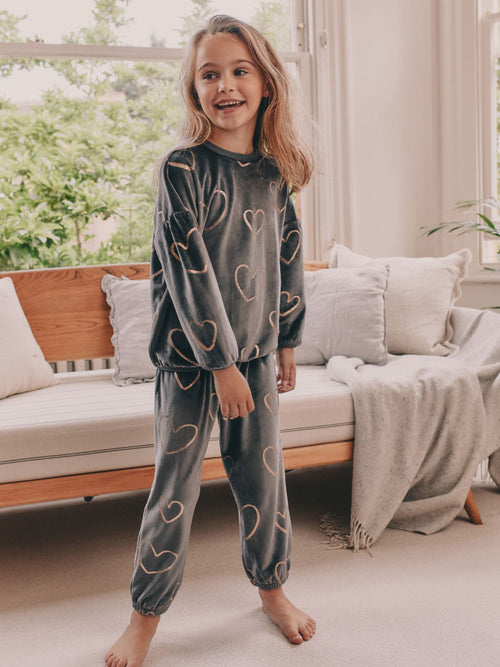 Charcoal Grey Metallic Heart Cosy Fleece Pyjamas (9mths-16yrs)