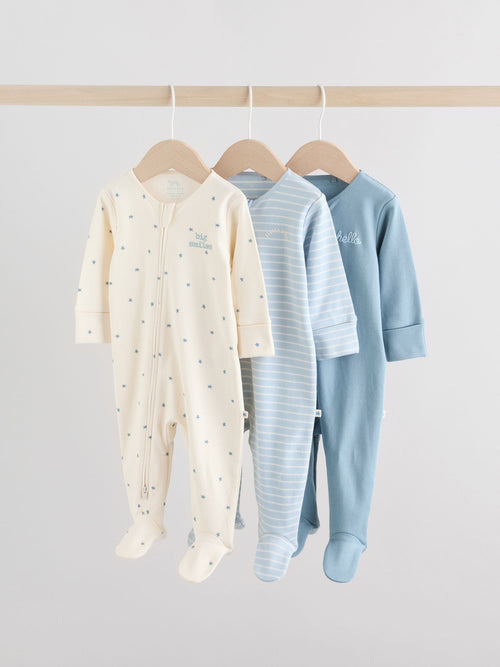 Blue Two Way Zip Baby Sleepsuits 3 Pack (0-2yrs)