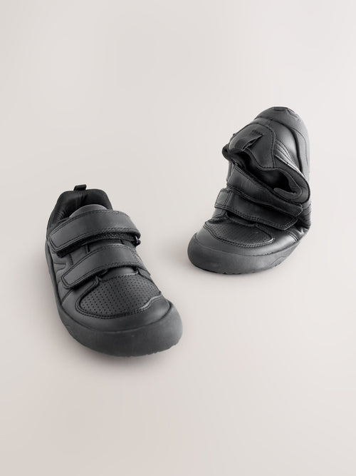 Black Barefoot Leather 2 Strap Touch Fastening School Shoes