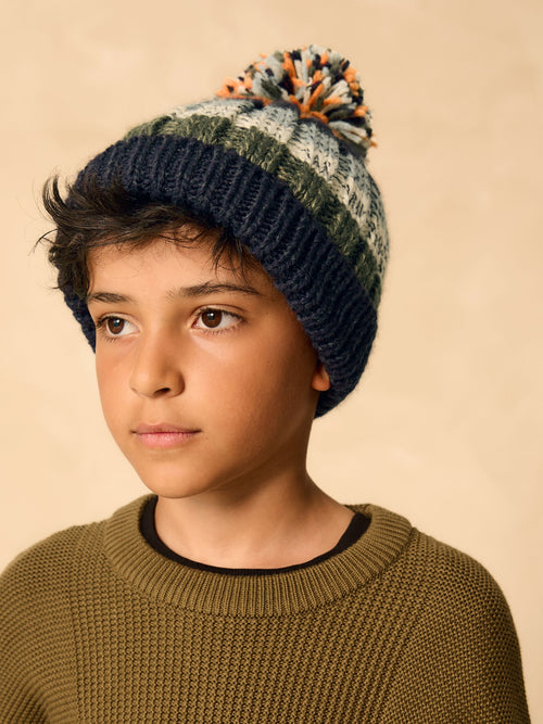 Navy Stripe Pom Beanie Hat (3mths-16yrs)