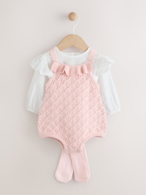 Pink/ White Romper and Knitted Dungarees with Tights 3 Piece Set (0mths-2yrs)