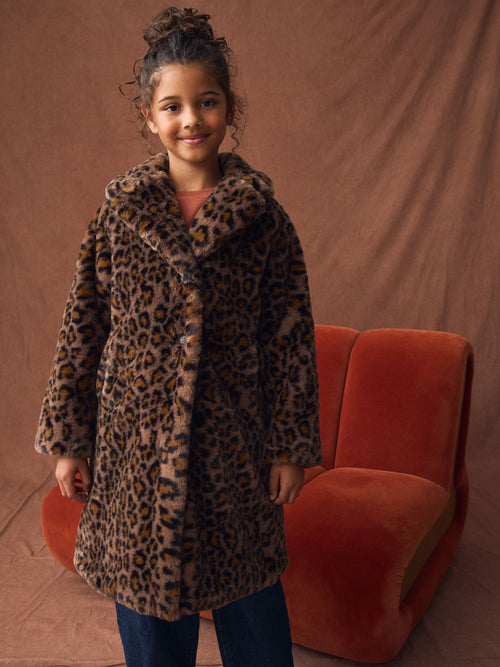 Animal Print Faux Fur Longer Length Coat (3-16yrs)