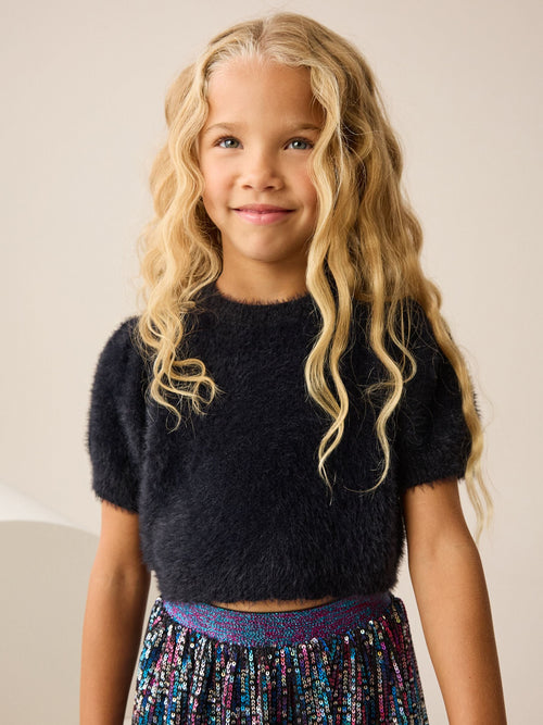 Black Fluffy Short Sleeve Top (3-16yrs)