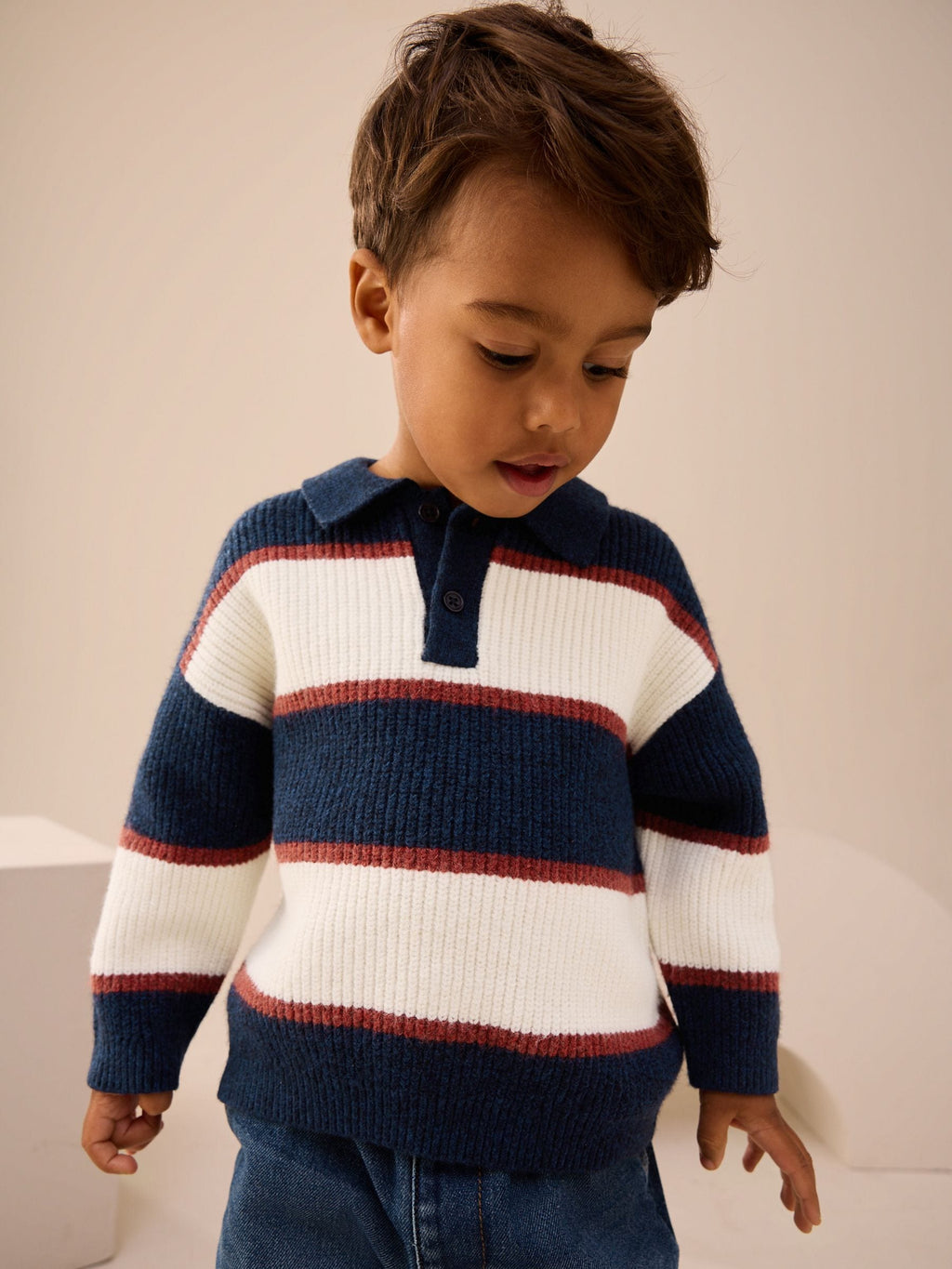 Navy Blue/Burgundy Knitted Stripe Rugby Polo Shirt (3mths-7yrs)