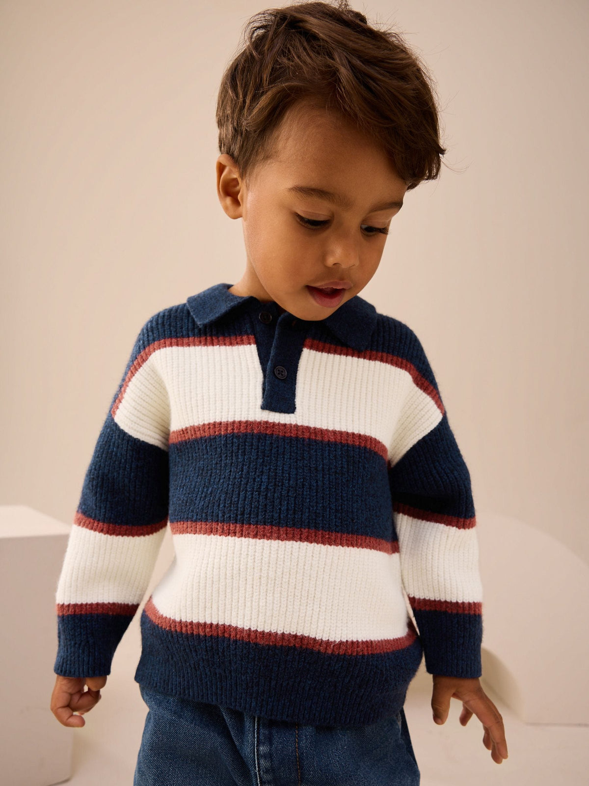 Navy Blue/Burgundy Knitted Stripe Rugby Polo Shirt (3mths-7yrs)
